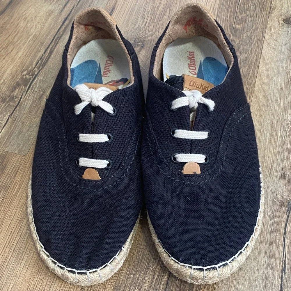 Olukai Kaula Pa'a Li Black Canvas Espadrille Sneakers Womens 7 20463-4040